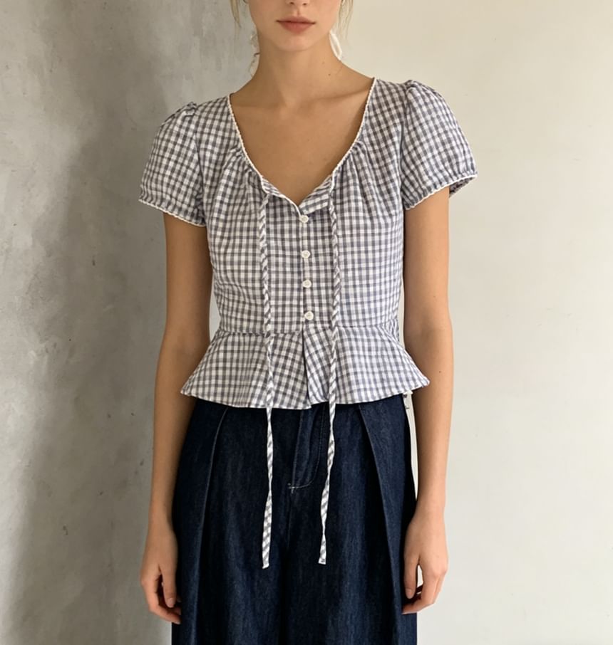 Puff Sleeve V-Neck Gingham Peplum Blouse - Solid