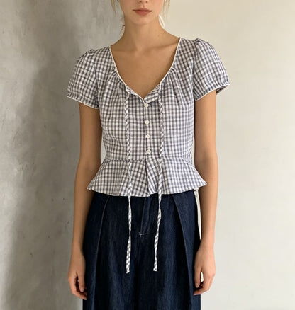 Puff Sleeve V-Neck Gingham Peplum Blouse - Solid