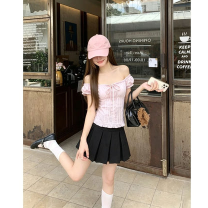 Square Neck Short Sleeve Bow Ruffle Blouse - Plain