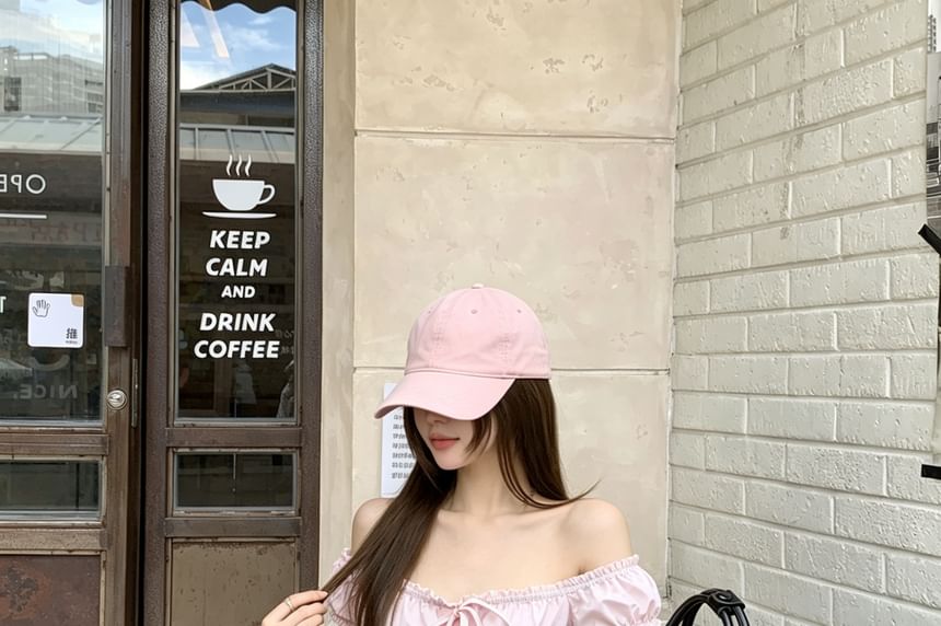 Square Neck Short Sleeve Bow Ruffle Blouse - Plain