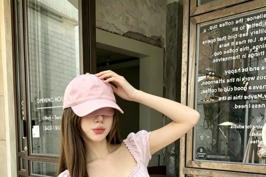 Square Neck Short Sleeve Bow Ruffle Blouse - Plain