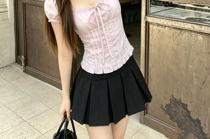 Square Neck Short Sleeve Bow Ruffle Blouse - Plain