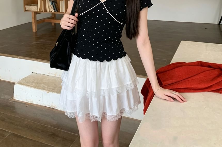Short Sleeve V-Neck Dotted Panel Top