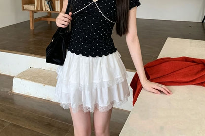 V-Neck Short Sleeve Dotted Panel Top - Solid
