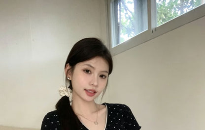 Short Sleeve V-Neck Dotted Panel Top