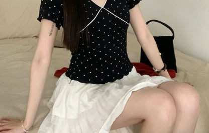 Short Sleeve V-Neck Dotted Panel Top