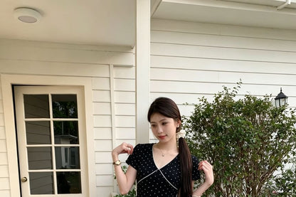V-Neck Short Sleeve Dotted Panel Top - Solid