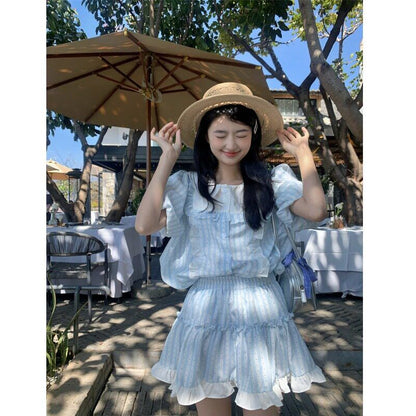 Short Sleeve Collared Dotted Striped Ruffle Panel Blouse / Elastic Waist Mini A-Line Skirt