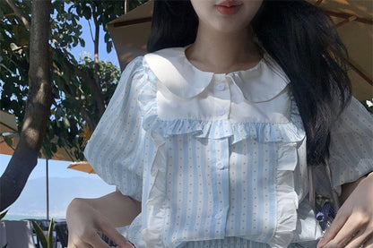 Short Sleeve Collared Dotted Striped Ruffle Panel Blouse / Elastic Waist Mini A-Line Skirt