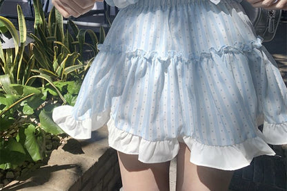 Collared Dotted Striped Ruffle Panel Blouse with Elastic Waist Mini A-Line Skirt Set