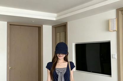 Short Sleeve Striped Bow Mock Two Piece Top / High Waist Plain Skirt Overlay Flared Pants