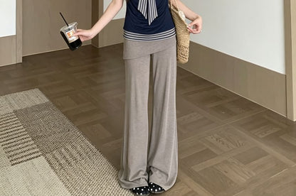 Striped Bow Mock Two Piece Top with High Waist Plain Skirt Overlay Flared Pants Set