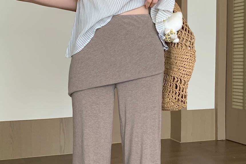Striped Bow Mock Two Piece Top with High Waist Plain Skirt Overlay Flared Pants Set