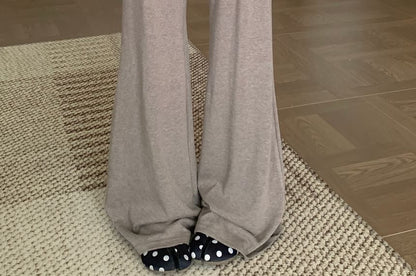 Striped Bow Mock Two Piece Top with High Waist Plain Skirt Overlay Flared Pants Set