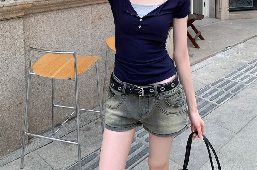 Short Sleeve Halter Henley Mock Two Piece Top - Solid