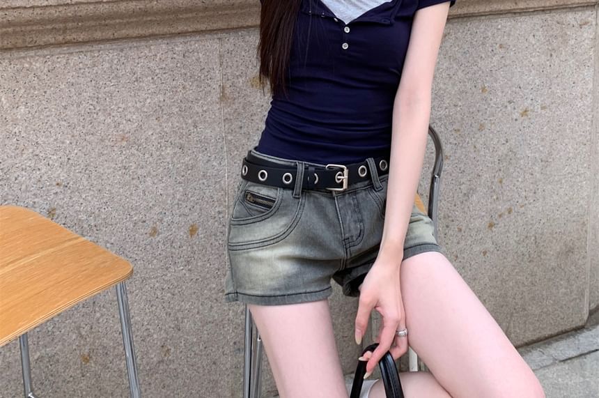 Short Sleeve Halter Henley Mock Two Piece Top