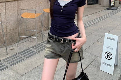 Short Sleeve Halter Henley Mock Two Piece Top