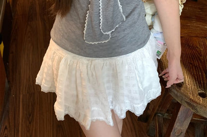 Short Sleeve Tie Neck Lace Trim Top