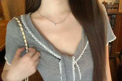 Short Sleeve Tie Neck Lace Trim Top