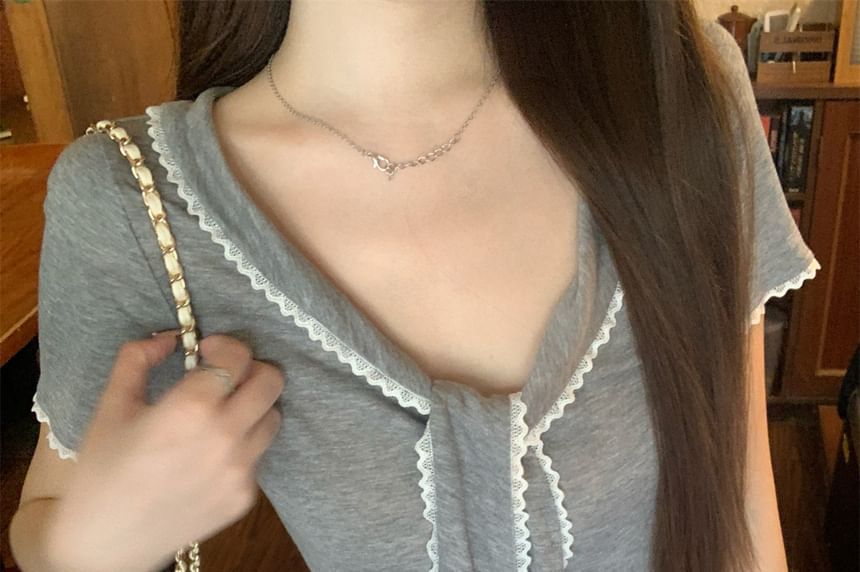 Short Sleeve Tie Neck Lace Trim Top - Solid