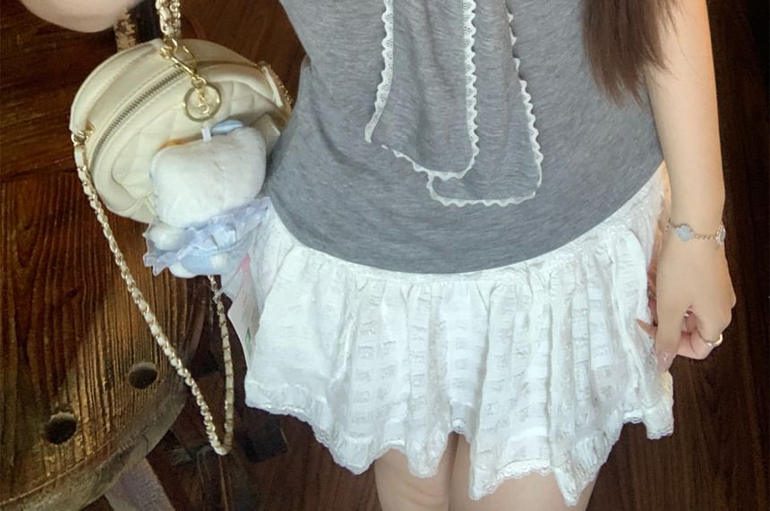 Short Sleeve Tie Neck Lace Trim Top - Solid