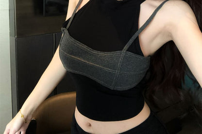 Mock Two-Piece Sleeveless Crop Top
