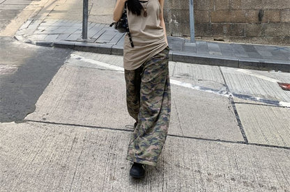 Ruched Tank Top & Low Waist Camo Print Wide Leg Pants