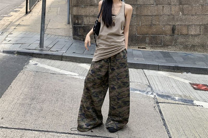 Ruched Tank Top & Low Waist Camo Print Wide Leg Pants