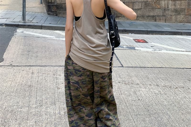 Ruched Tank Top & Low Waist Camo Print Wide Leg Pants