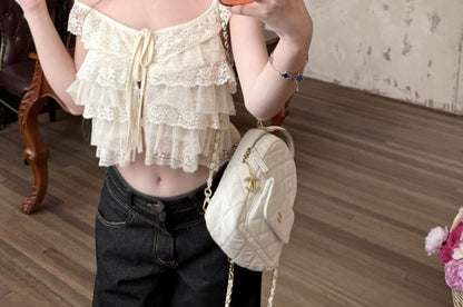 Lace Sleeveless Crop Top with High-Waisted Asymmetric Mini Skirt