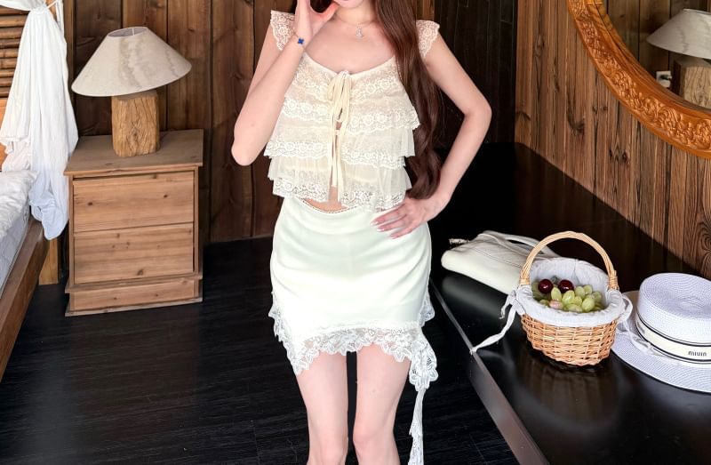 Sleeveless Lace Crop Top / High Waist Asymmetrical Mini Skirt