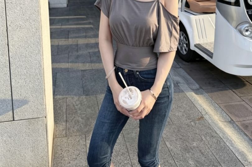 Cold Shoulder Elbow-Sleeve Crop Top - Solid
