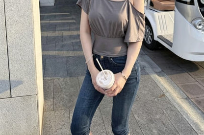 Cold Shoulder Elbow-Sleeve Crop Top - Solid
