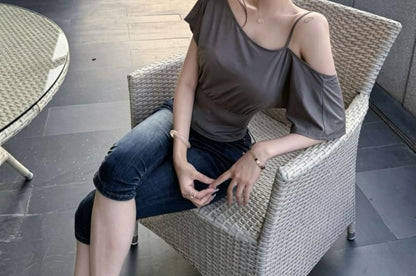 Elbow-Sleeve Cold Shoulder Plain Crop Top