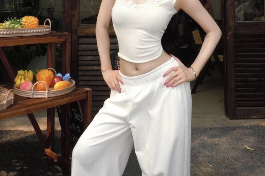 Cap-Sleeve Lace Crop Top & Elastic Waist Sweatpants