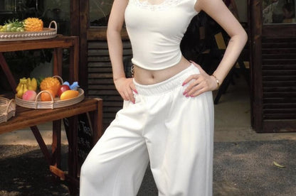 Cap-Sleeve Lace Crop Top & Elastic Waist Sweatpants