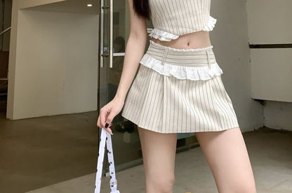 Set: Square Neck Patterned Contrast Frill Trim Crop Tank Top + Mid Rise Pleated Mini A-Line Skirt