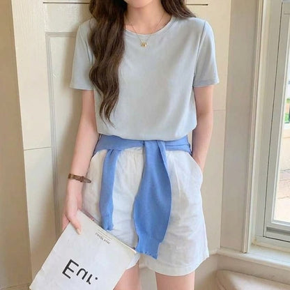 Crew Neck Plain T-Shirt with Short Sleeves