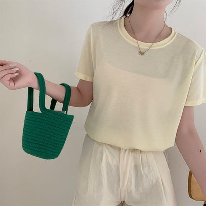 Crew Neck Plain T-Shirt with Short Sleeves