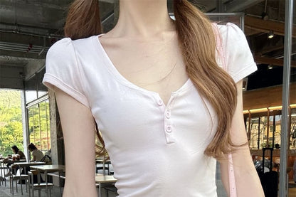 V-Neck Slim Fit Cropped T-Shirt with Short Sleeves