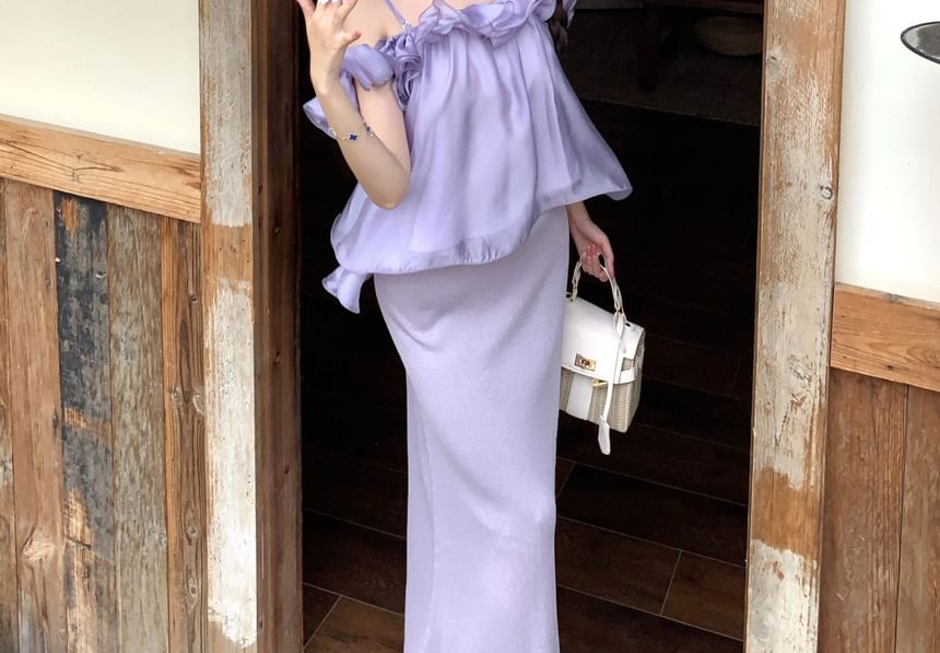 Off-Shoulder Floral Ruffle Trim Top & High-Rise Knit Pencil Skirt