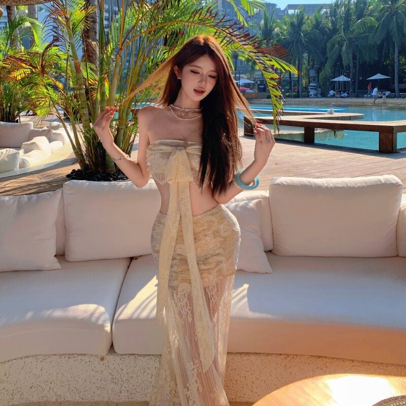 Halter Lace Top & Lace A-Line Maxi Skirt Set