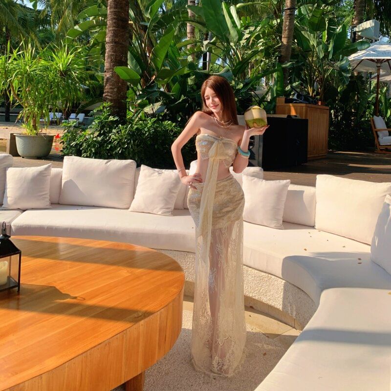 Halter Lace Top & Lace A-Line Maxi Skirt Set