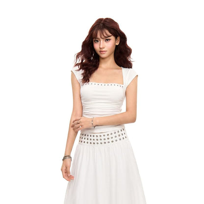 Cap-Sleeve Queen Anne Neckline Plain Crop Top