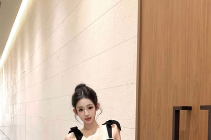 Tie Shoulder Camisole Top / High Waist Panel Lace Midi Pencil Skirt