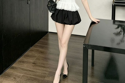 Sleeveless Mock Neck Plain Bow Ruffle Top / High Waist Plain Mini A-Line Balloon Skirt