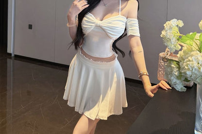Short Sleeve Cold Shoulder Plain Bow Crop Top / High Waist Mini A-Line Skirt
