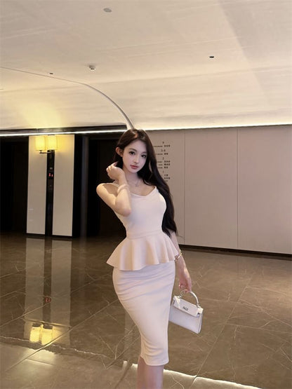 V-Neck Plain Peplum Camisole Top / High Waist Midi Pencil Skirt
