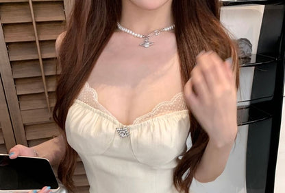 Halter Plain Panel Lace Top / High Waist Mini A-Line Skirt