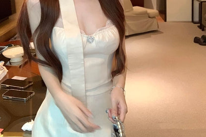 Halter Plain Panel Lace Top / High Waist Mini A-Line Skirt